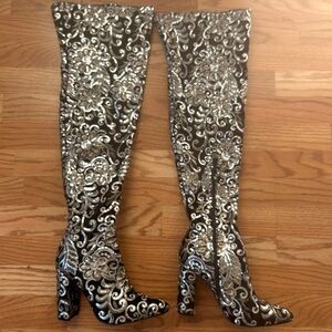 New Years Shiny Silver Gold Embroidered Women's Over the Knee Boots